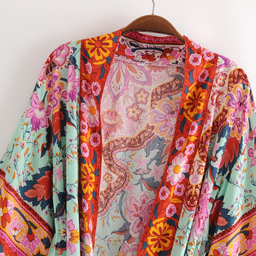 Boho Floral Print Belted Kimono Cover up Beach Red - Picture 6 of 8